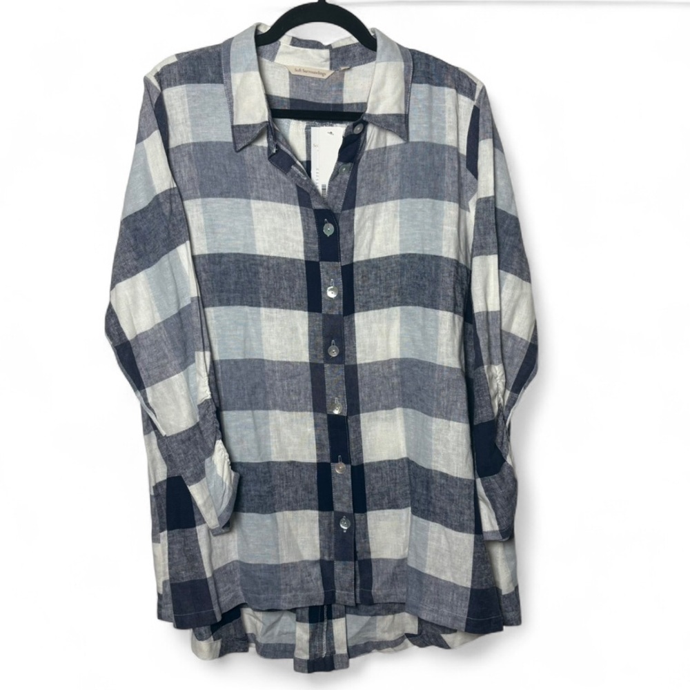 Soft Surroundings Blue White Plaid Linen Blend Shirt Tunic XL NWT